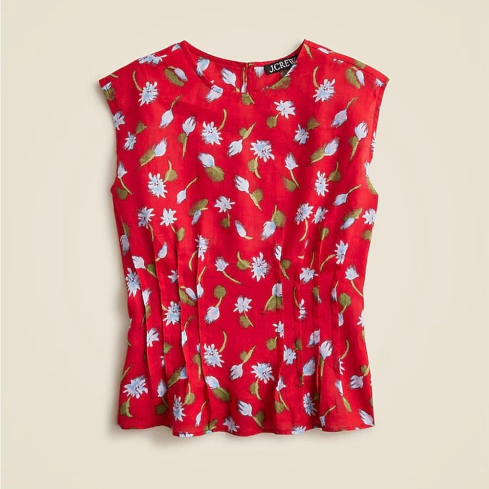 NWT J. Crew Pintuck Shell Tank Top In Brushed Daisy Print Ramie Red Size 20